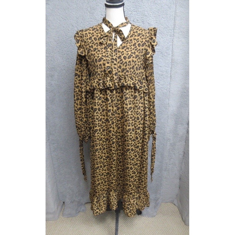 Leopard Print Ruffle Midi Dress Womens S Brown Boho Cottagecore Oversized Casual